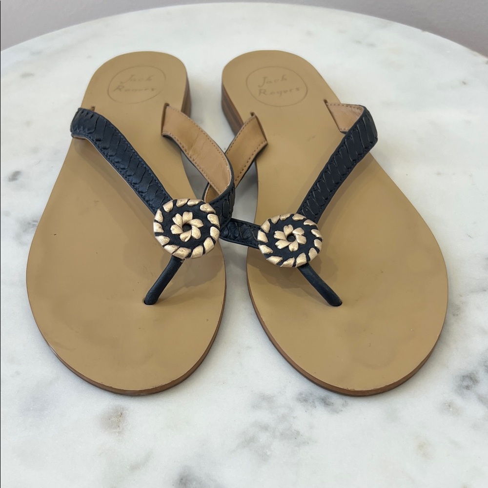 Jack Rogers Navy and Tan Thong Sandals